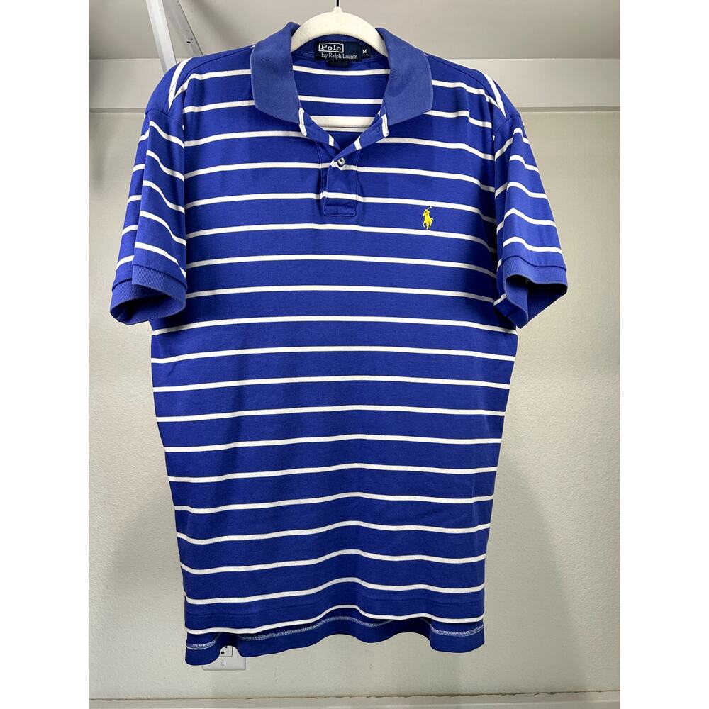 Polo Ralph Lauren 100% Cotton Men's Short Sleeve Polo Shirt Blue Stripes Size M‎